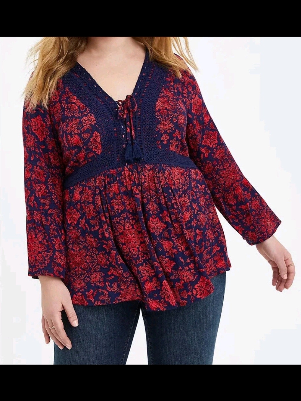 Boho Floral Tie-Front Peasant Top - Navy & Red Torrid Size 2